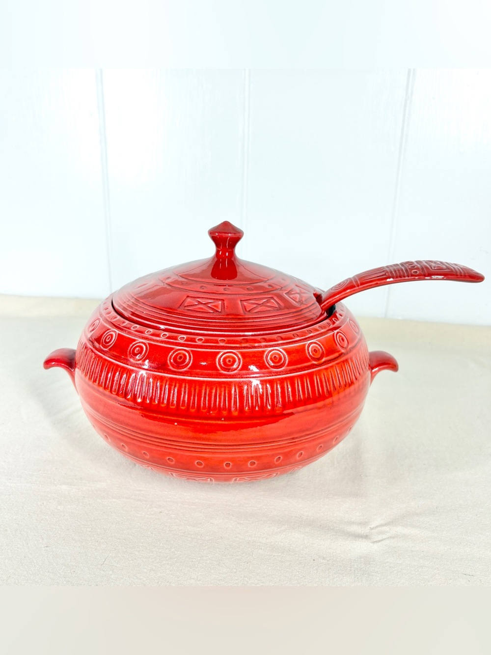 Vintage California Pottery Soup Ceramic Tureen with Ladle B655 Red Orange